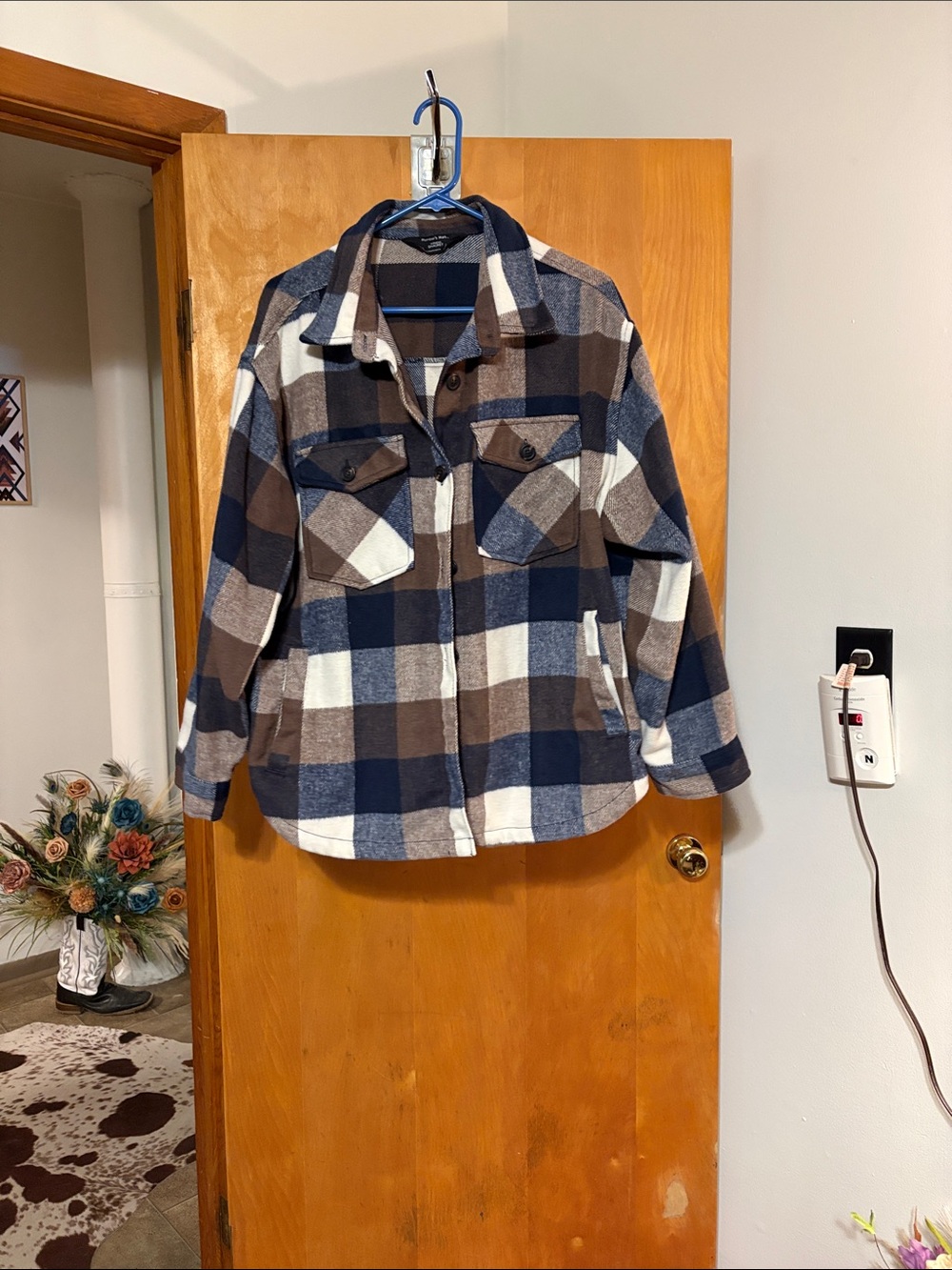 Plaid Shacket Jacket - Blue, Brown & White